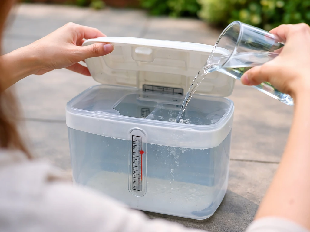 Close-up of hands refilling a small outdoor reservoir with a visible water level indicator.