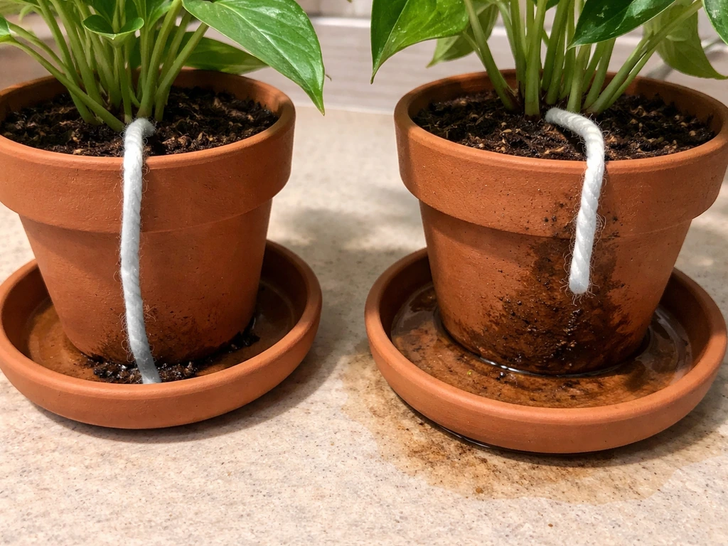 Side-by-side pots showing one wick dry with a damp saucer and one wick properly wet in soil.