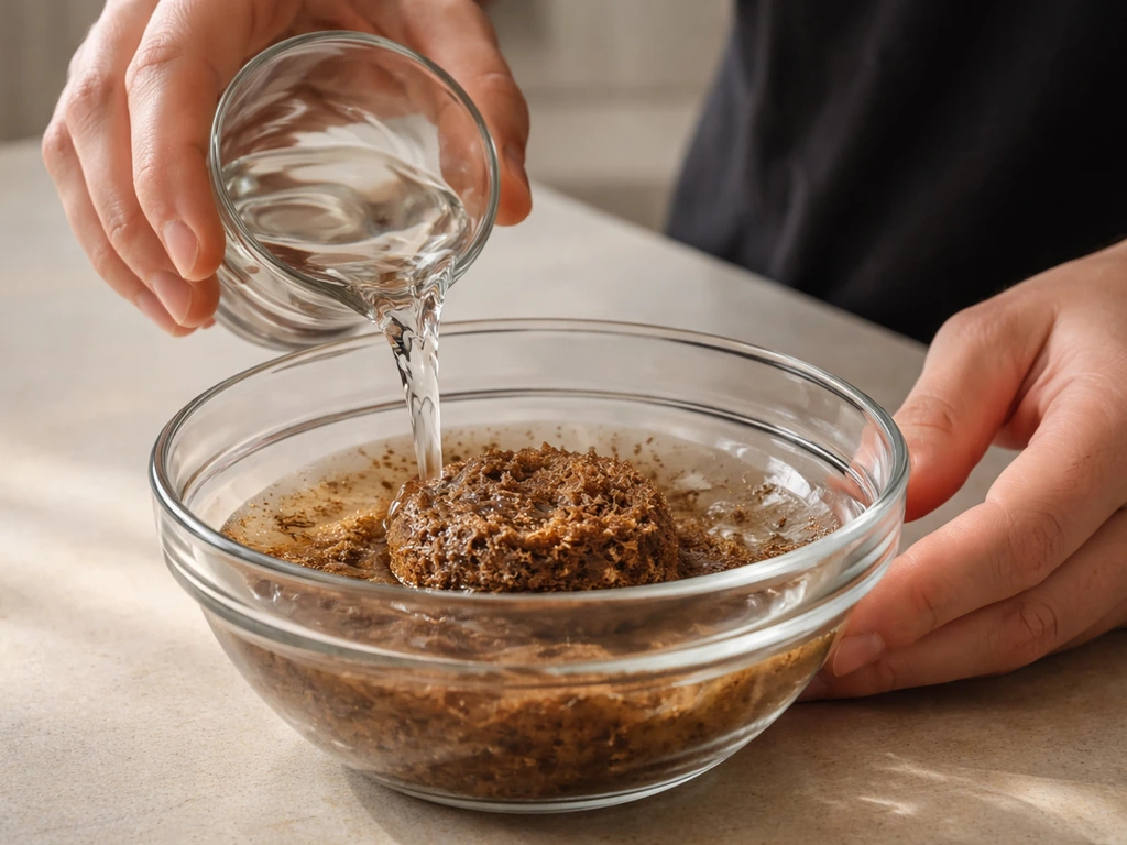 Room-temperature water pouring into a bowl as a compressed coconut husk pellet expands into fluffy growing medium