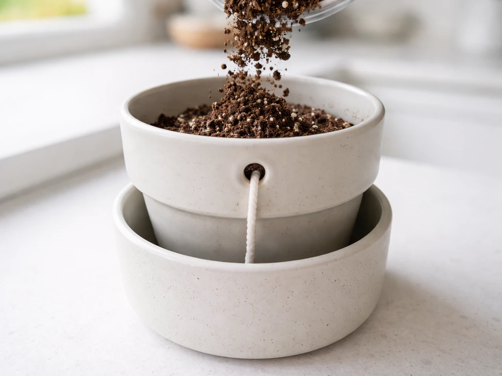 Close-up of a self-watering planter with wick threaded through the inner pot hole into the reservoir.