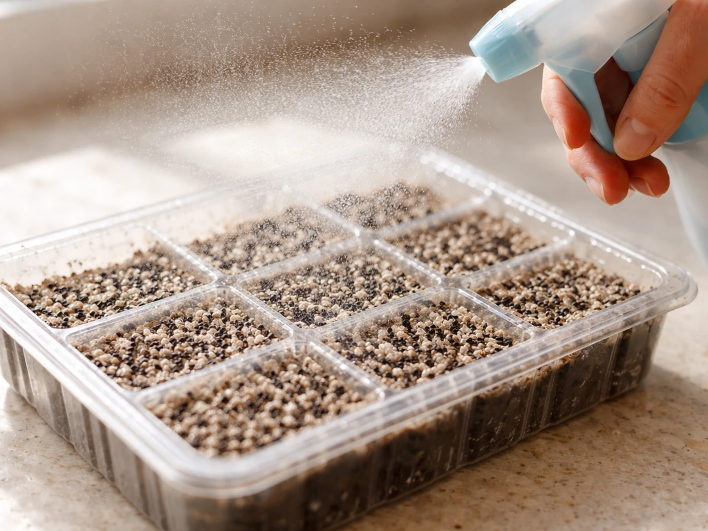 Close-up of lavender seeds in a small seed tray being gently misted with a spray bottle