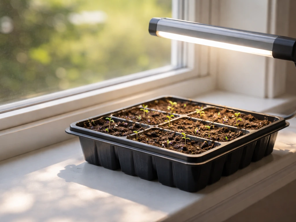 Lavender seed-starting tray on a south-facing windowsill under bright grow light.