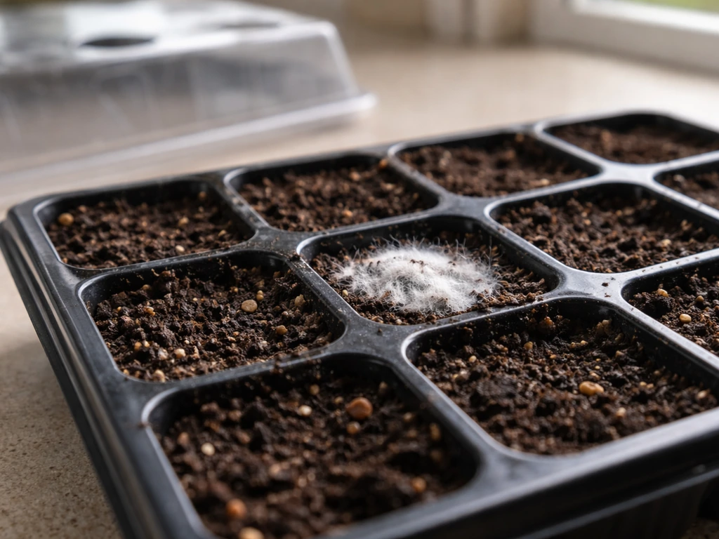 White fuzzy mold on growing medium in a small seed tray, with the dome removed for improved airflow