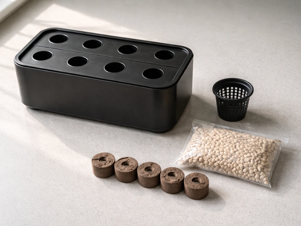 Hydroponic kit parts—planter, net pot, grow media and seed pods—laid out on a clean surface.