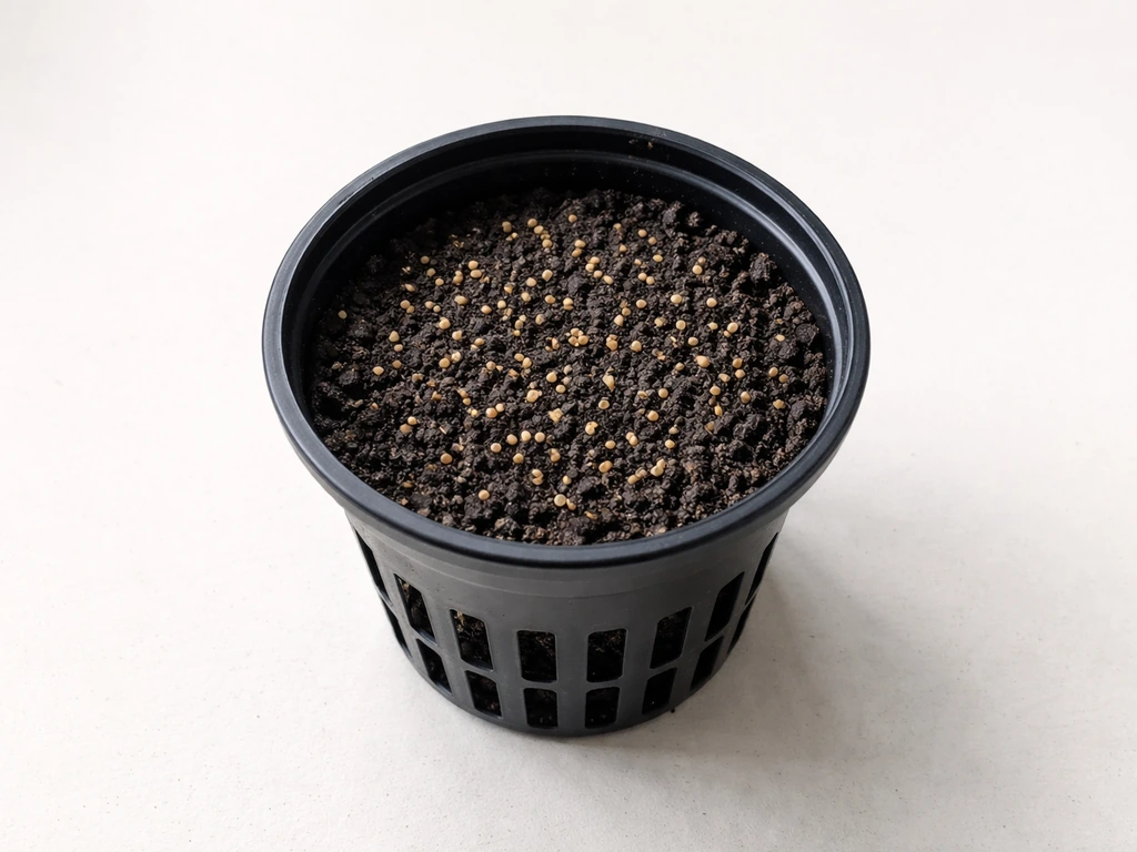 Top-down view of damp grow medium in a net pot with surface-sown seeds scattered on top.