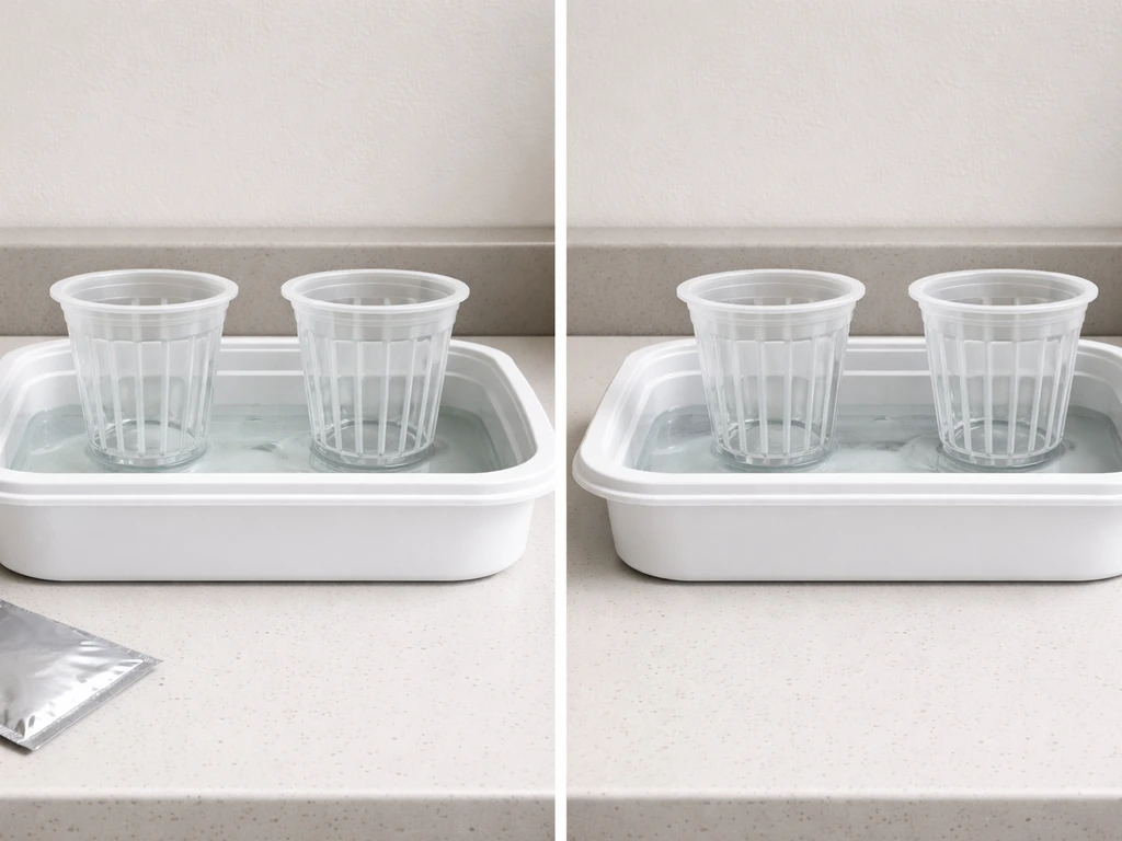 Split view of hydroponic water levels: correct water touches net pot bottom, incorrect water is too low.