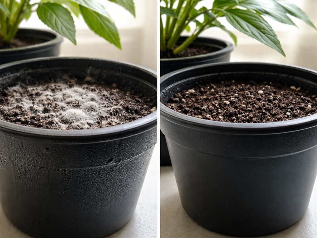 Split-view close-up of moldy white fuzzy growth on soil and a clean, airy planter surface with dampness control