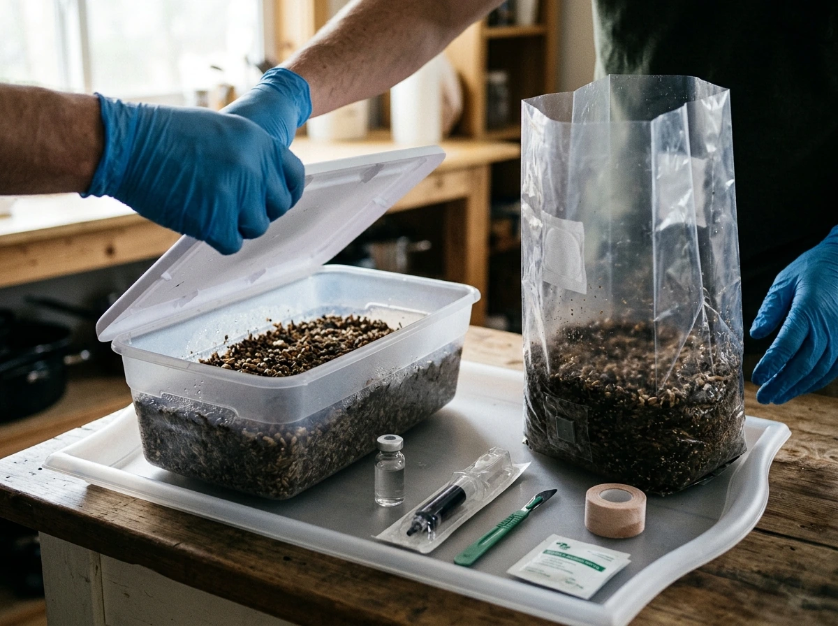 Opening the substrate container and arranging kit components for initial setup