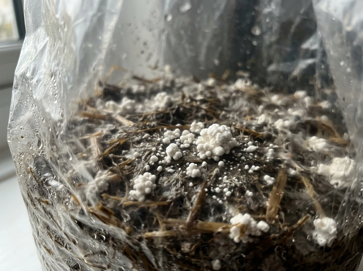 First pins (primordia) visible as tiny bumps inside the grow bag