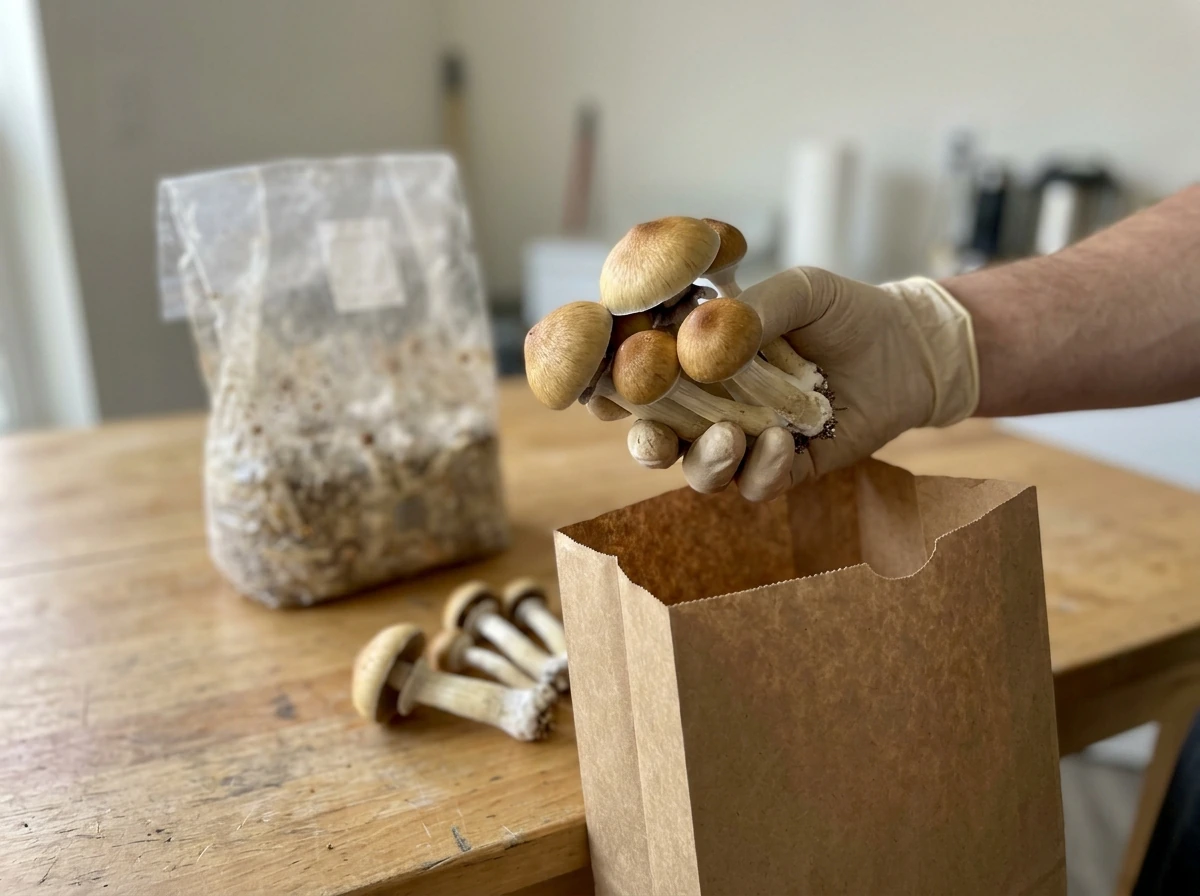 Harvested mushrooms being collected at the base for clean storage