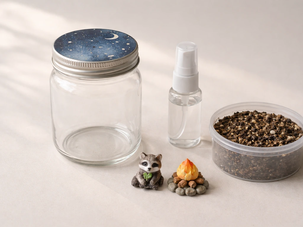 Terrarium kit components laid out on a table: jar with starry lid, resin figures, mister bottle, and potting mix.