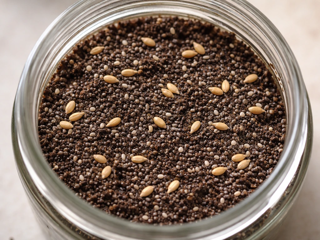 Top-down view of a glass jar with potting mix and spaced chia and wheatgrass seeds.