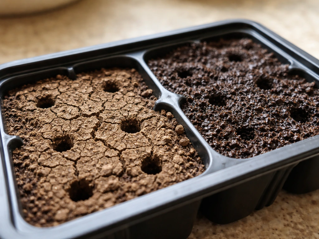 Seed-starting tray showing dry cracked soil beside freshly misted moist soil.