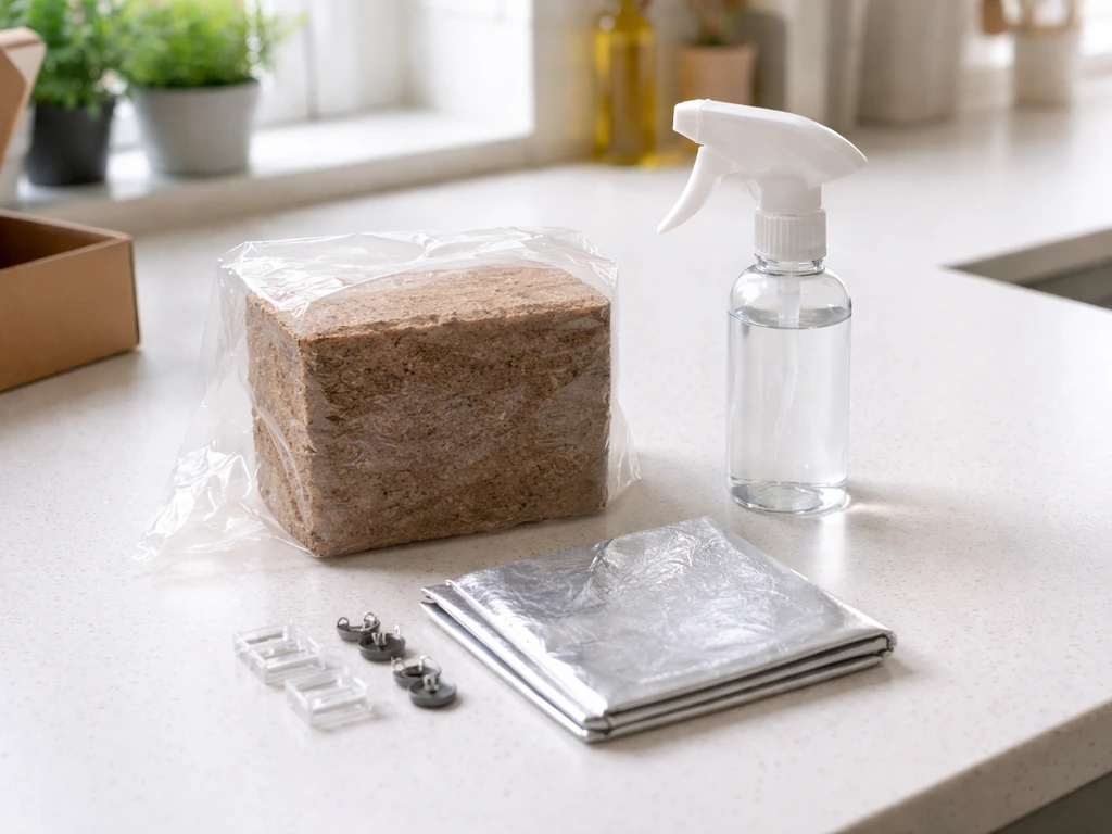 Grow block in its bag with a spray bottle and small kit accessories laid out on a kitchen worktop.