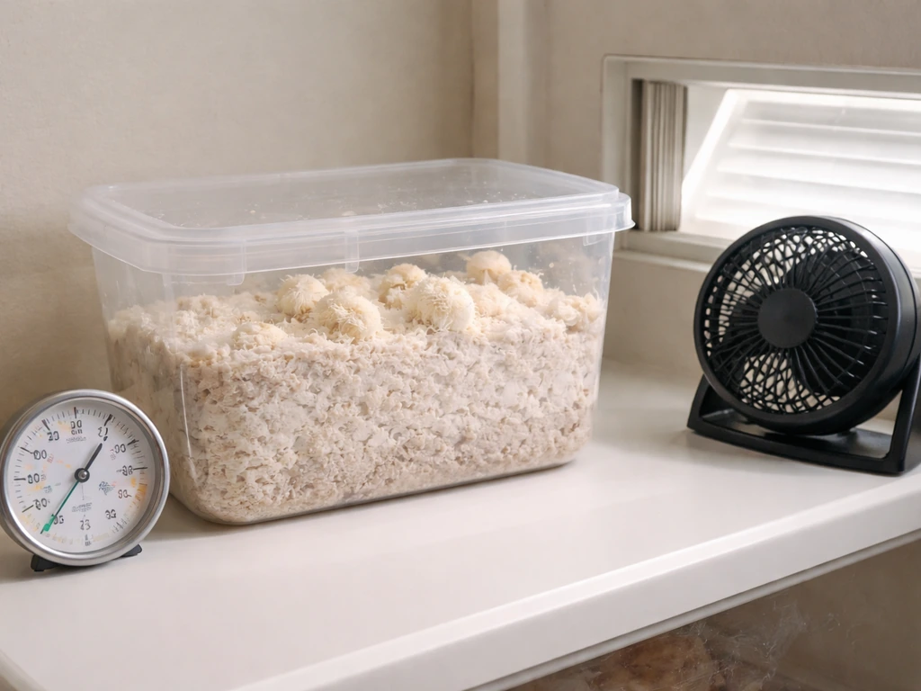 Close-up of a mushroom grow kit with a hygrometer/thermometer and a small fan for fresh air.