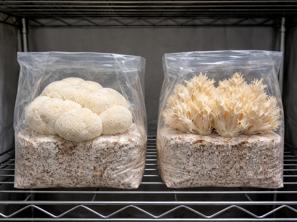 Two lion’s mane mushroom blocks in a clean grow setup: compact healthy on one side, stretched coral-like on the other.