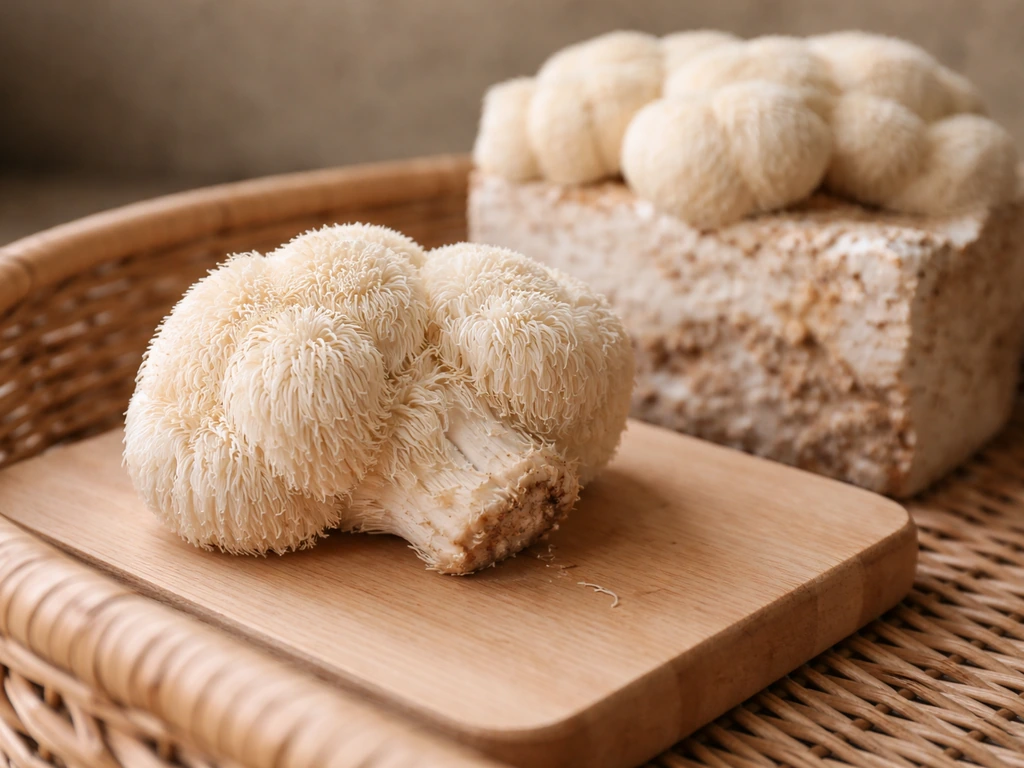 Fresh lion’s mane harvested at the base on a wooden board, with the mushroom block behind it in a basket.