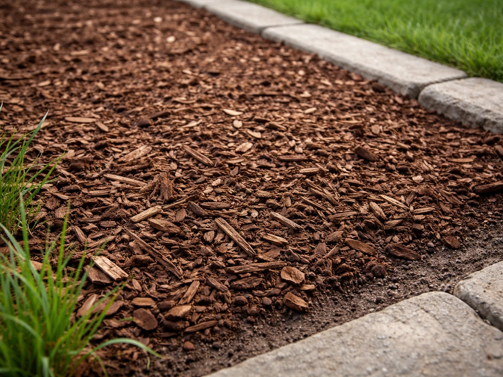 Close-up van een mulchlaag in een tuinbed die de bodem afdekt en vocht vasthoudt.