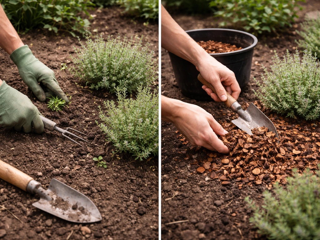 Tuinier weert onkruid en brengt een gelijkmatige mulchlaag aan rond planten, met ruimte vrij bij de stam.