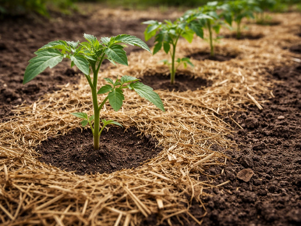 Jonge moestuinplantjes met mulch op de grond en een vrije kraag rond de stengels, zonnig en gezond ogend.