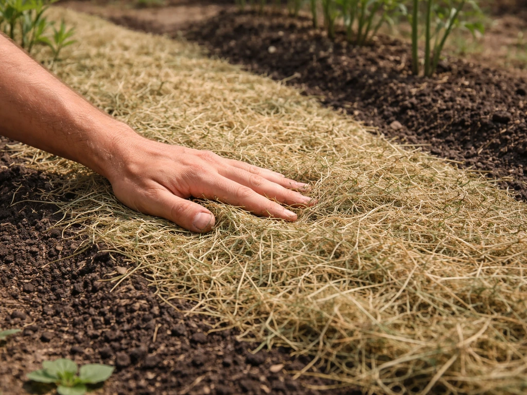Hand schept vers maaisel op een moestuinbed als 4–5 cm laag, na het drogen