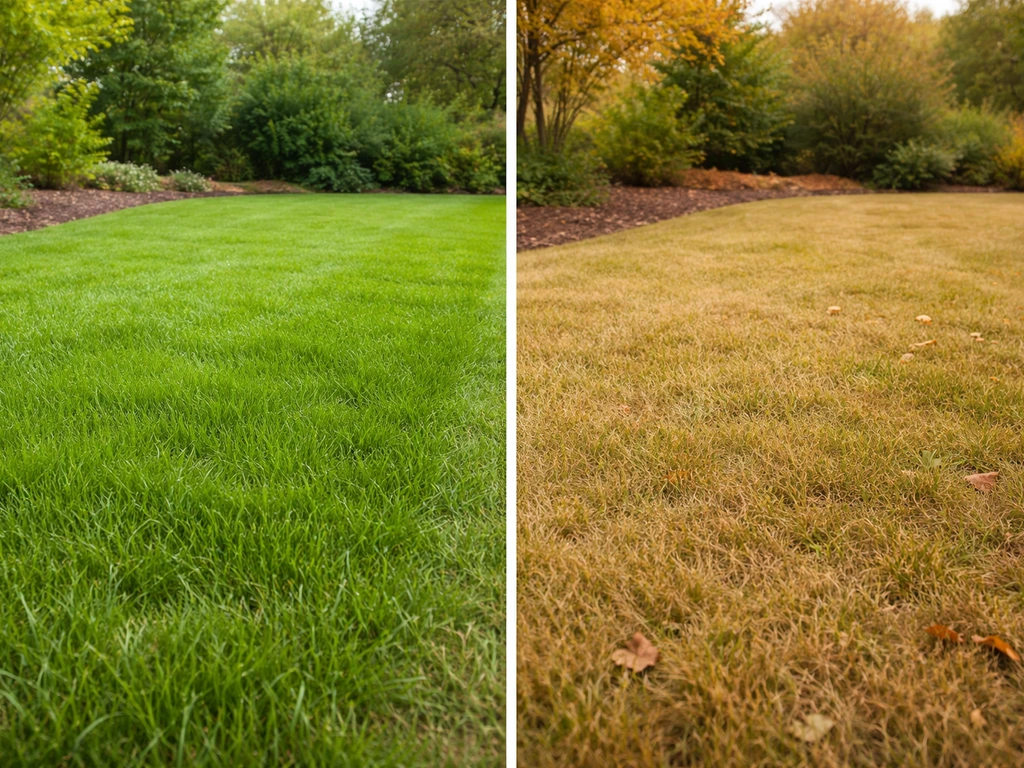 Twee delen van een Nederlands gazon: frisgroen voorjaar links en warmer herfstgras rechts, zonder mensen.