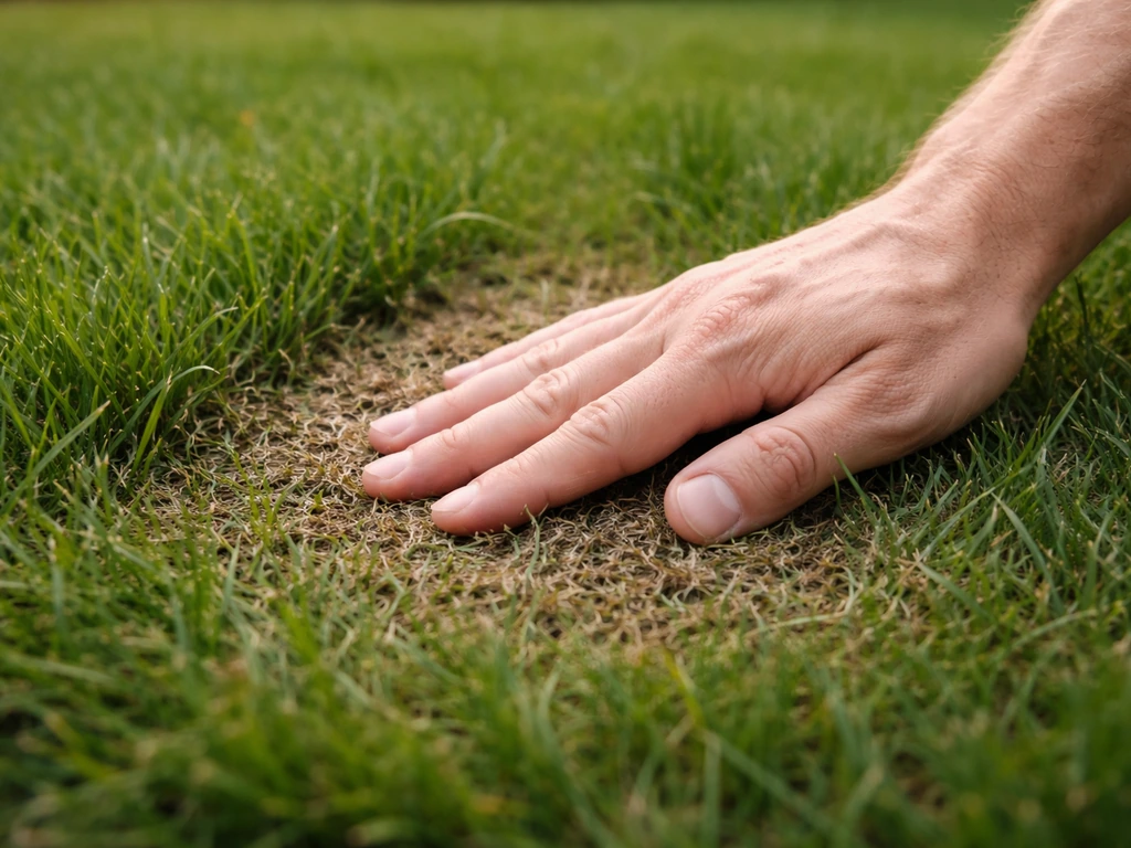 Hand die met vingers over vilt in het gazon strijkt naast een stukje losser, gezonder gras