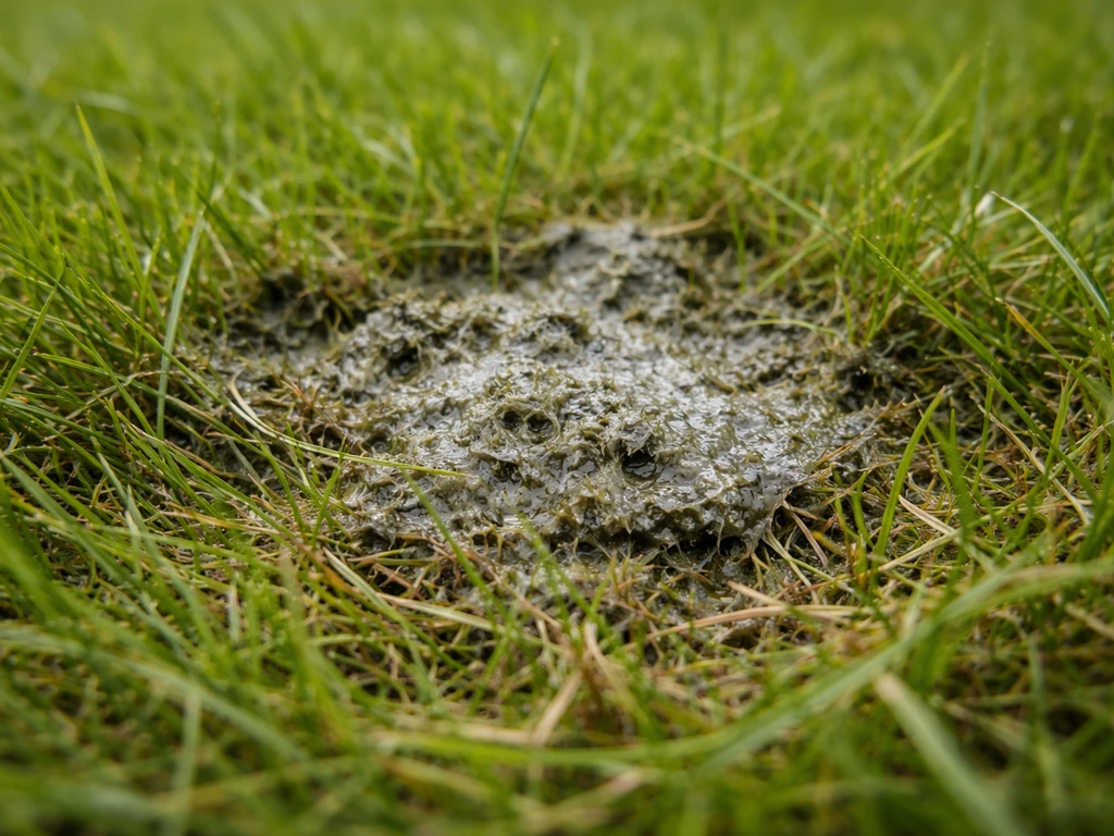 Close-up van een grijsgroene, smeuïge klonterige rotlaag op het gazon door te nat mulchen