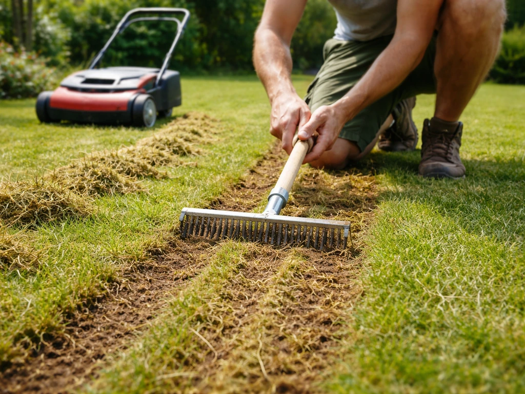Iemand verticuteert een gazon met een verticuteerhark; rijen losse grasvezels en daarna klaar voor kalk.