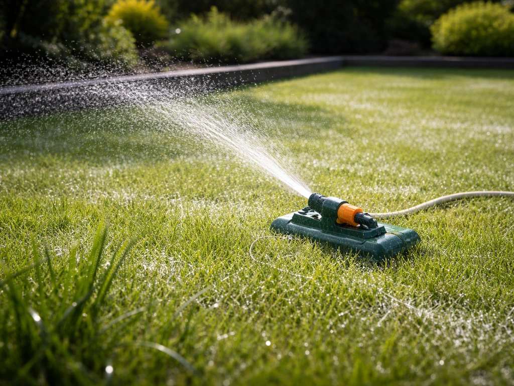 Gazon met sproeier die het gras direct na het kalken besproeit voor voldoende vocht.