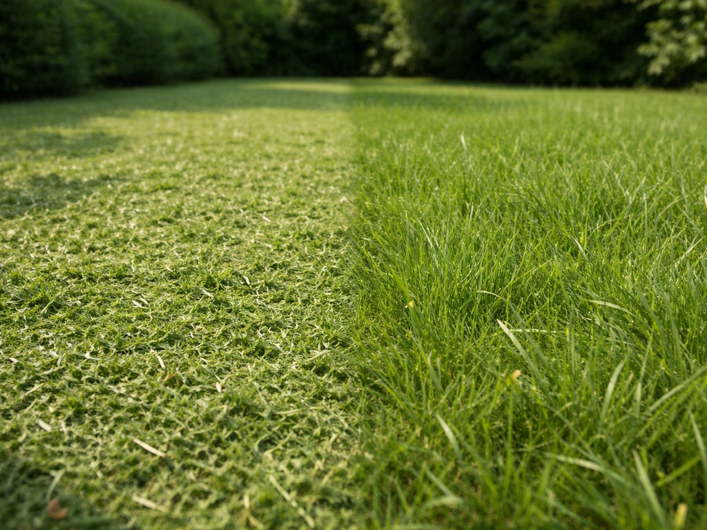 Links versnipperd grasmaaisel op het gazon, rechts langer, onbewerkt gras na het maaien.