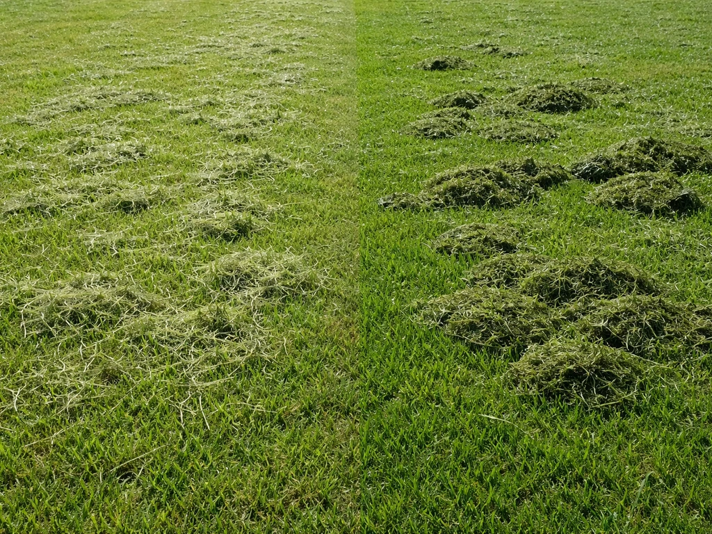 Links droog, luchtig maaisel; rechts nat en klonterig maaisel op een gazon, zonder mensen.