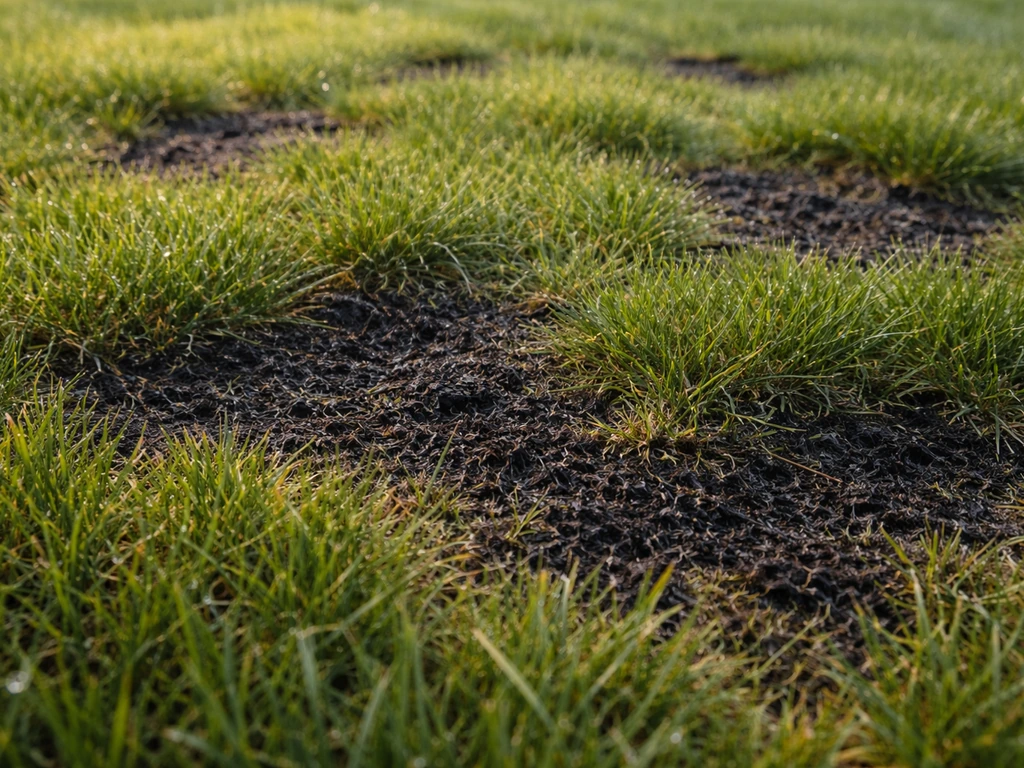Close-up van een Nederlands gazon met duidelijk zwarte/donker plekken in het gras, zonder mensen in beeld.