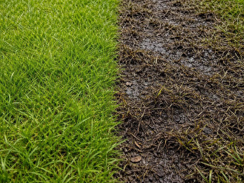 Close-up van groen gras naast zwart/donker gras met mogelijke schimmelverkleuring in een tuin