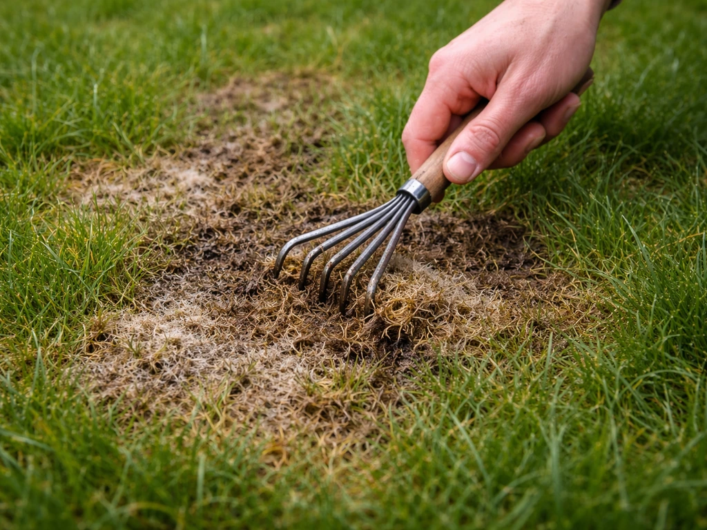 Close-up van aangetast gazon met losse grassprieten die voorzichtig worden verwijderd