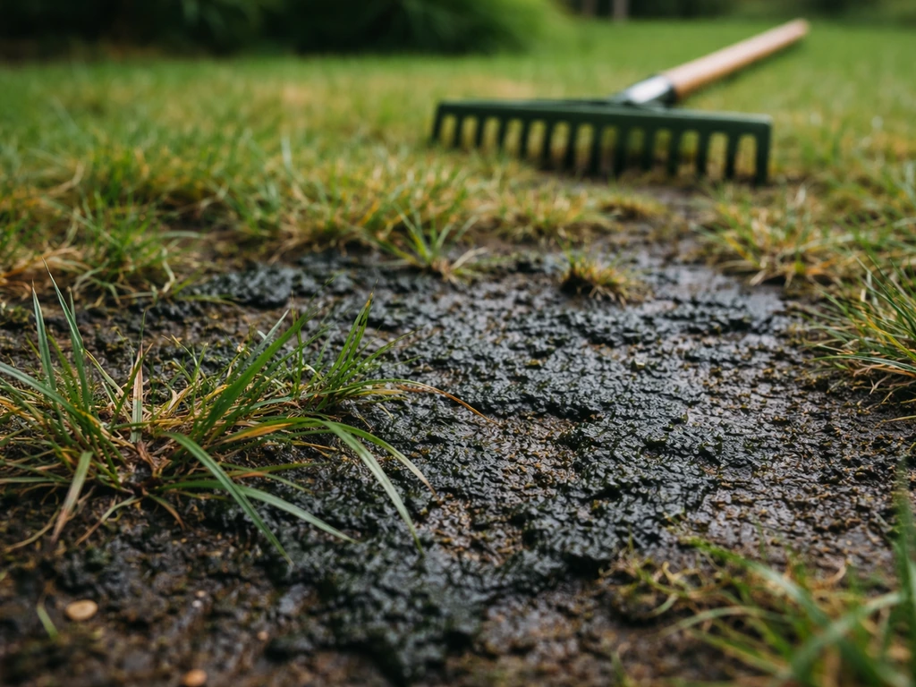 Donkere algenlaag op het gazon, met gras dat deels kaal oogt en een hark op de achtergrond, niet in gebruik.
