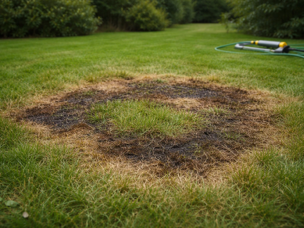 Gazon met bruin-zwarte plekken door brown patch, naast een uitgeschakelde sproeier en een natte irrigatieslang