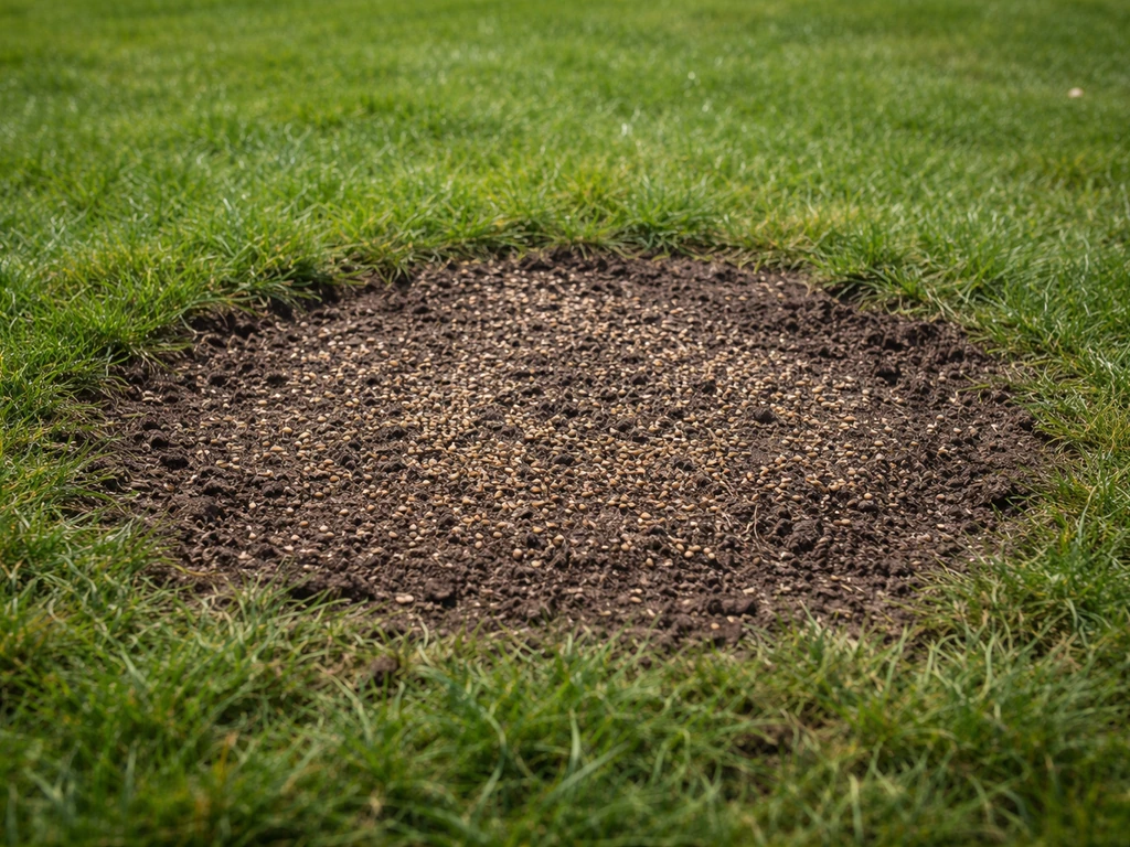 Gazon met een voorbereide kale plek waar herstelzaad zichtbaar is bij het bijzaaien, met nog groen eromheen.