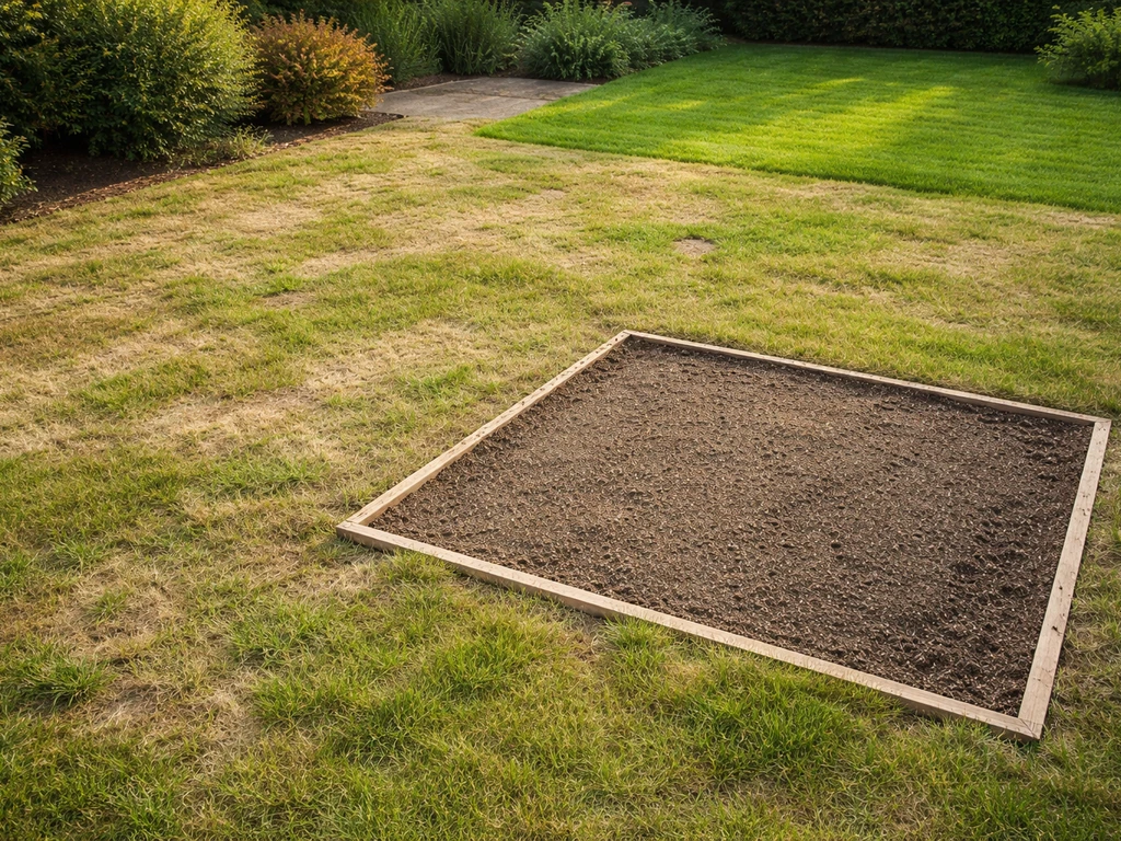 Nederlands gazon met kale plekken en een afgebakend herstelgebied waar je zwart gras kunt planten.
