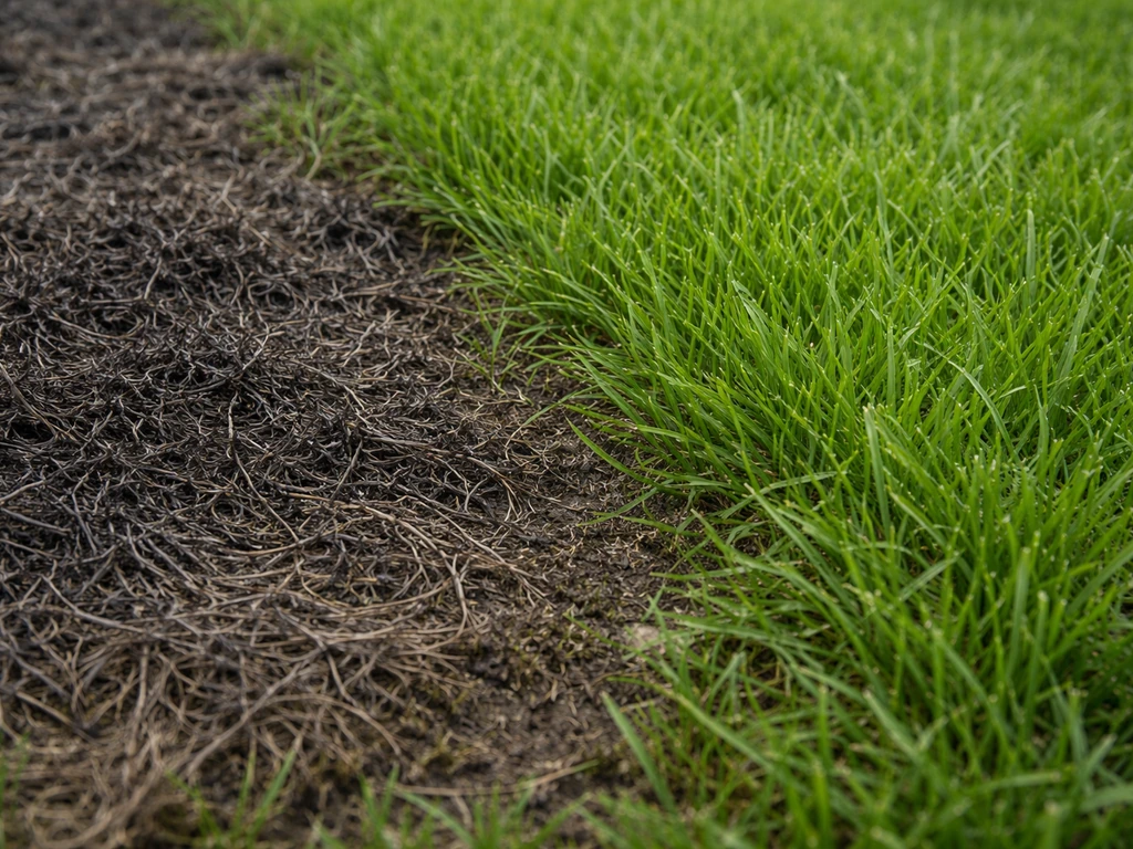 Close-up van een gazon met donkergrijze/afgestorven pollen naast normaal groen gras, zichtbaar verschil in kleur en text