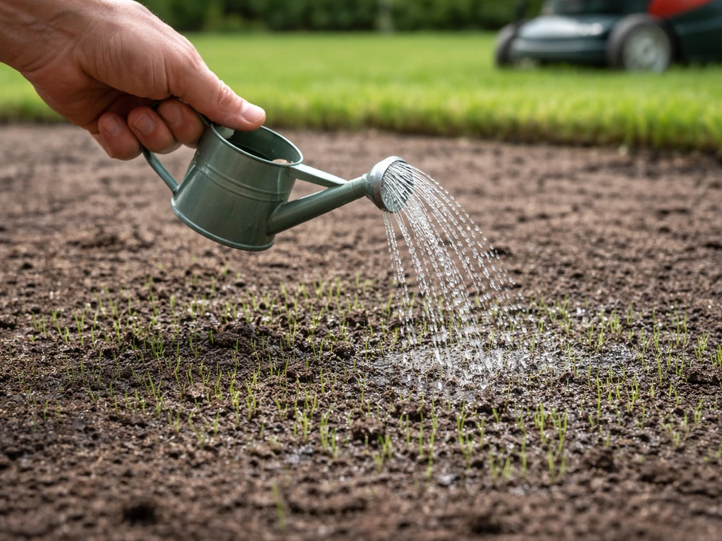 Hand die licht besproeit over net ingezaaide gazonplek met verse kiemplantjes, natuurlijke tuinsetting.