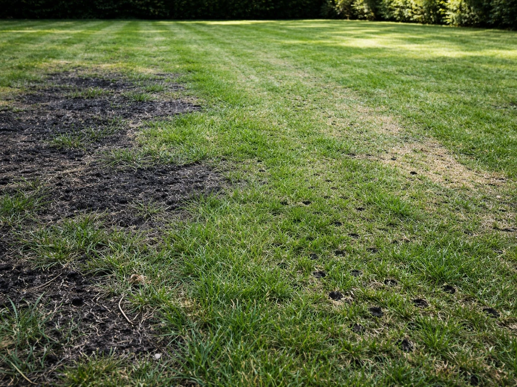 Neerwaarts zicht op een gazon met zwarte/vaalgrijze plekken en zichtbare herstelsporen van maaien en beluchten.