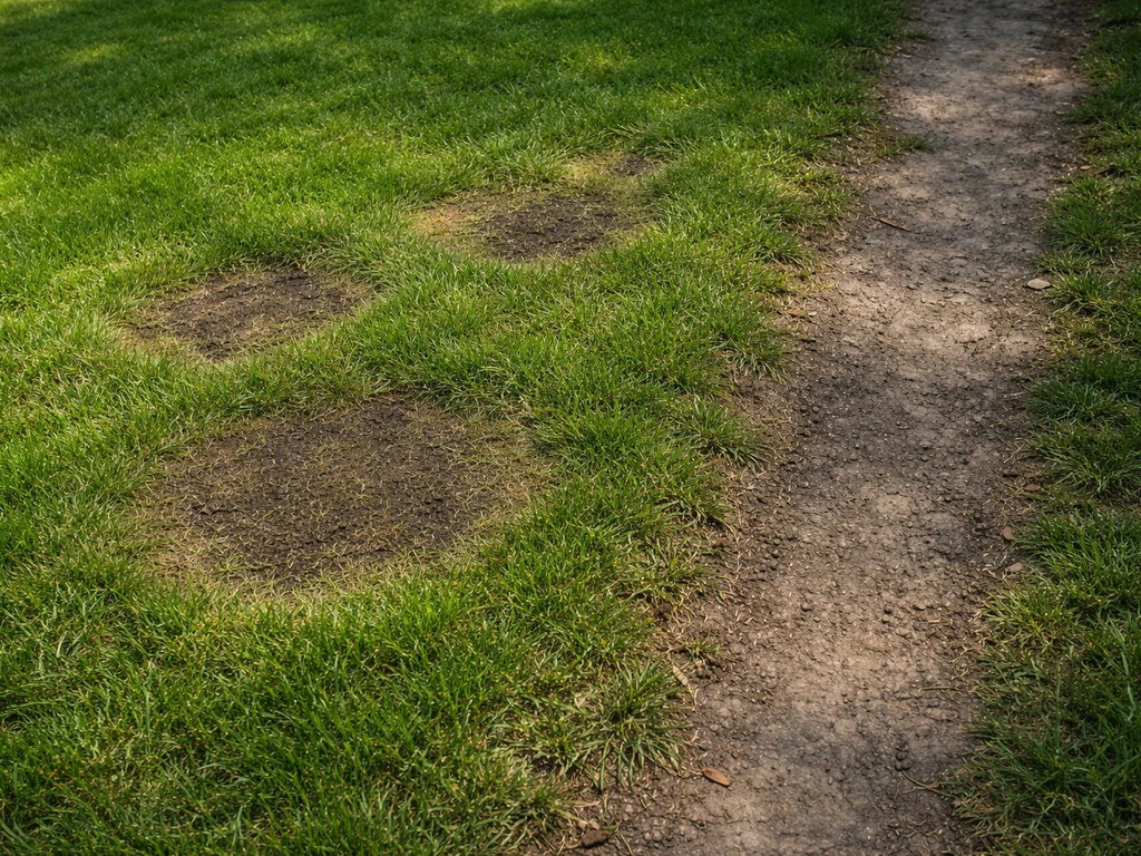 Close-up van een tuinpad en gazon met ronde donkere schimmelvlekken en een verdichte plek op de looproute