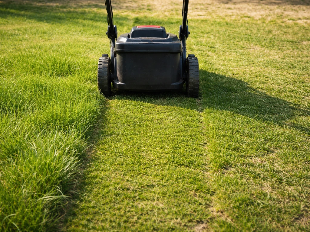 Grasmaaier maait een ongelijk gazon; sommige plekken zijn nog langer, andere zijn korter gemaaid.