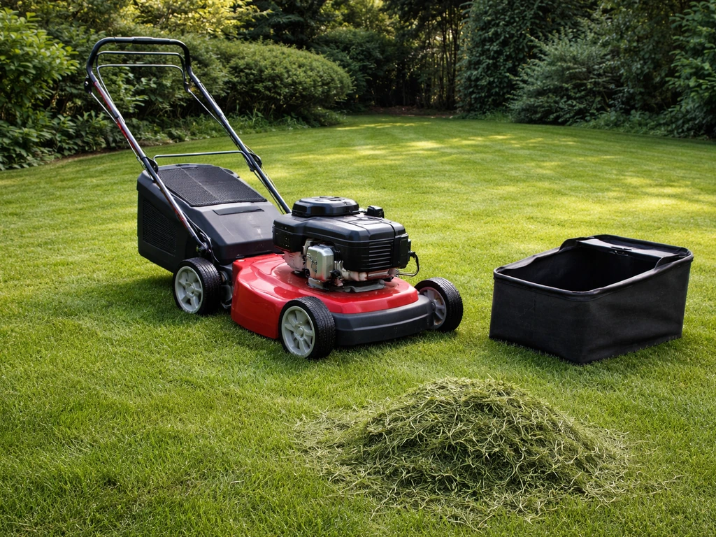 Grasmaaier met ingestelde maaihoogte en vers maaisel op een gazon, in een rustige tuin.