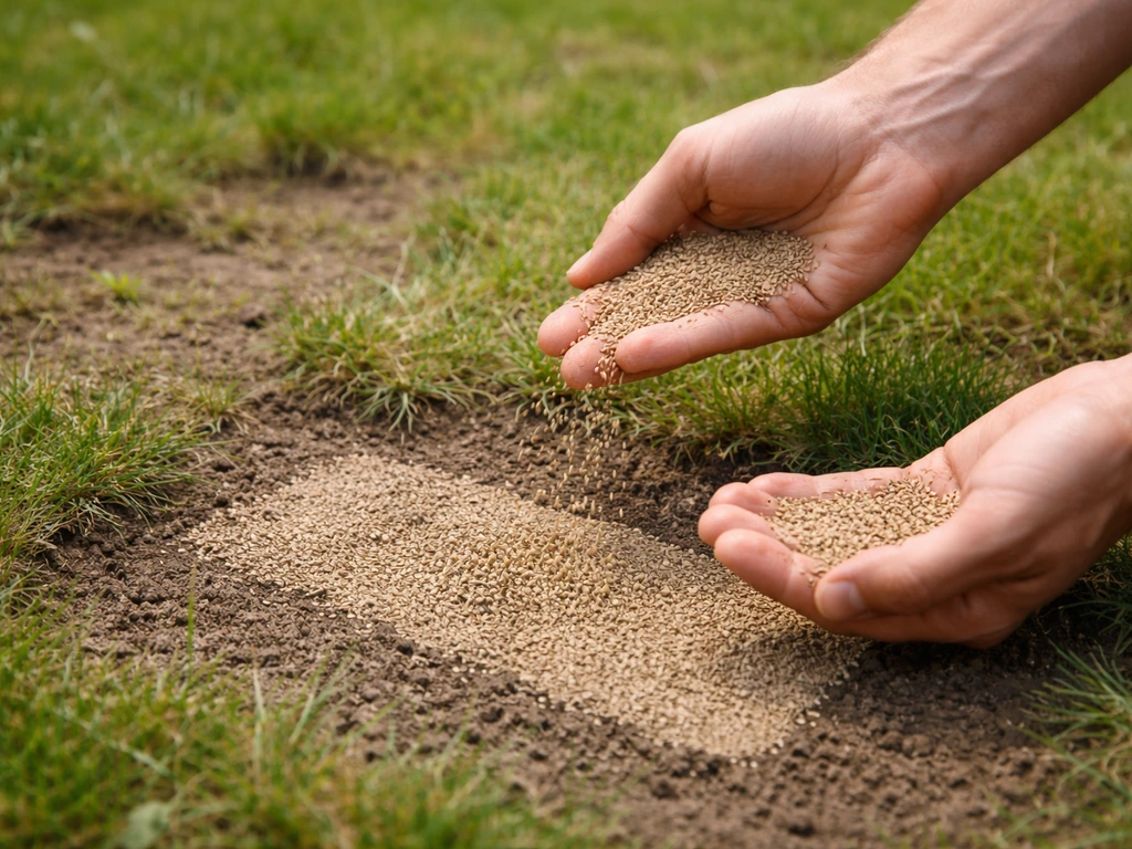 Handen strooien graszaad in een kale plek en een klein afgedekt testvakje ligt klaar in het gazon.
