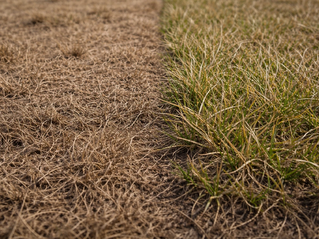 Close-up van bruin gras met levend, slap/uitgedroogd groen gras ernaast op een gazonbodem.