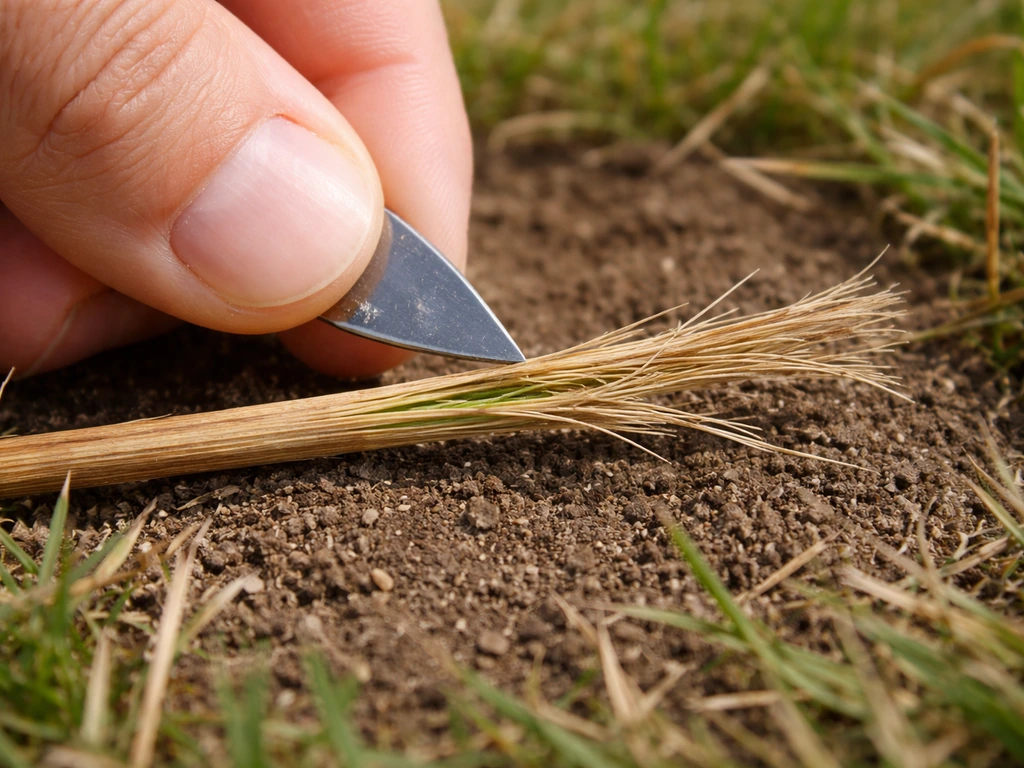 Hand krast voorzichtig een bruine halm gazon; soepele vezels lijken levend tegenover broze delen.