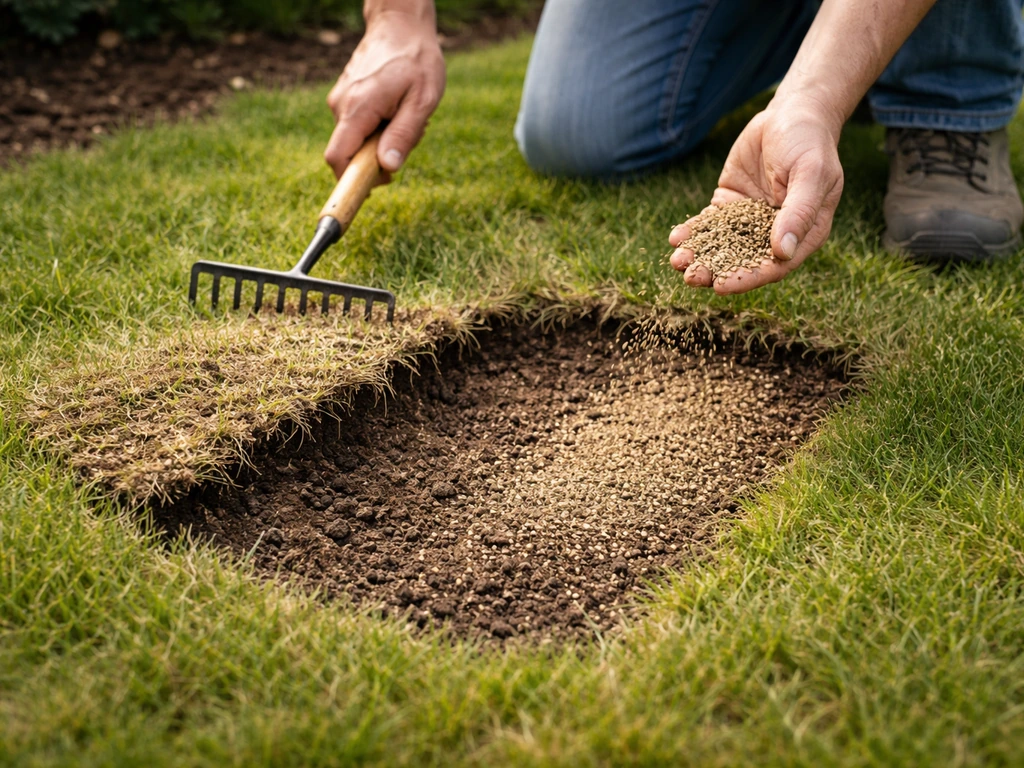 Iemand krabt dode grasmat los en brengt daarna verse graszaad-/zoden-vulling aan op een kale plek in de tuin.