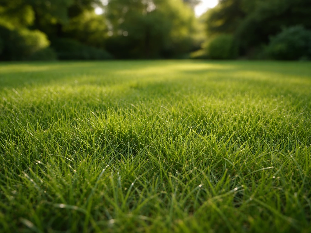 Close-up van een dicht Engels gras gazon met fijne grassprieten en duidelijke textuur.
